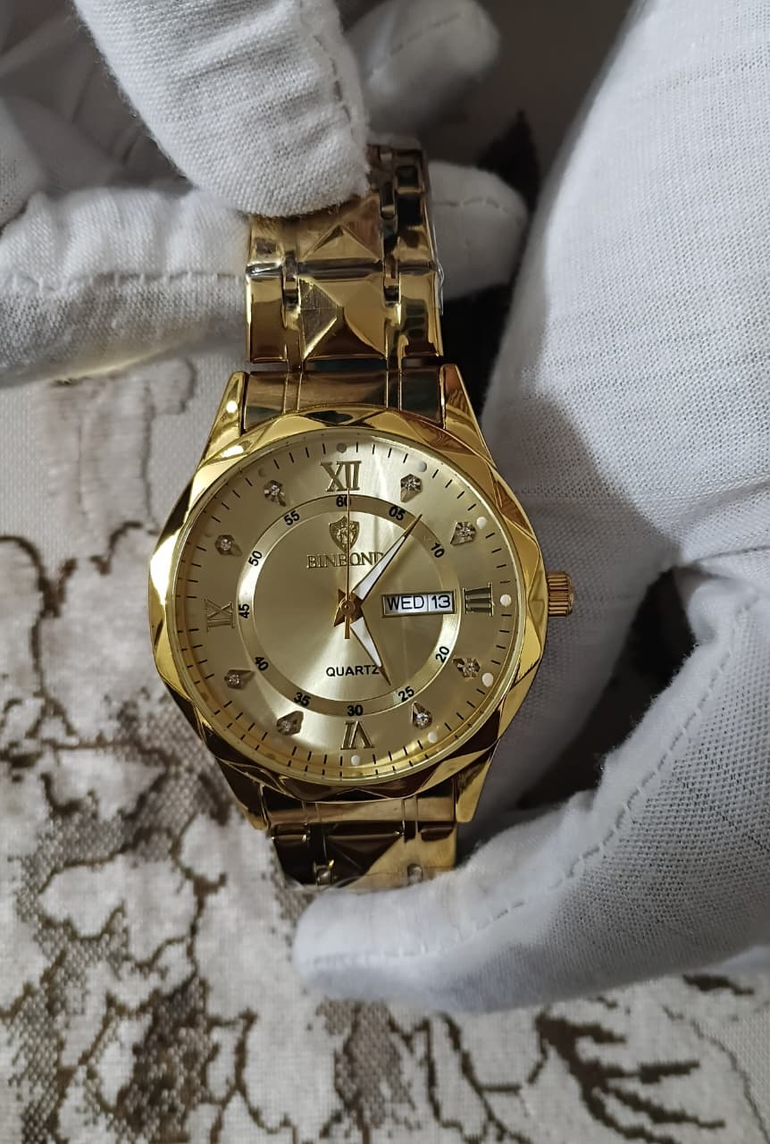 Binbond Luxury Gold Faceted Quartz Watch -7075