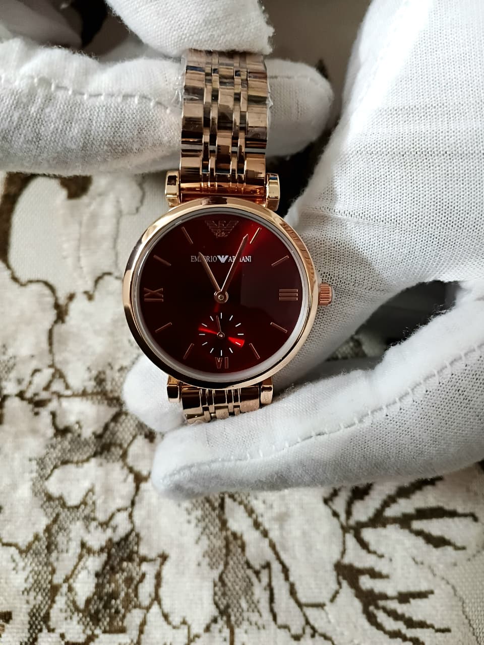 Emporio Armani Ladies Classic Rose Gold Maroon Dial Watch -7092