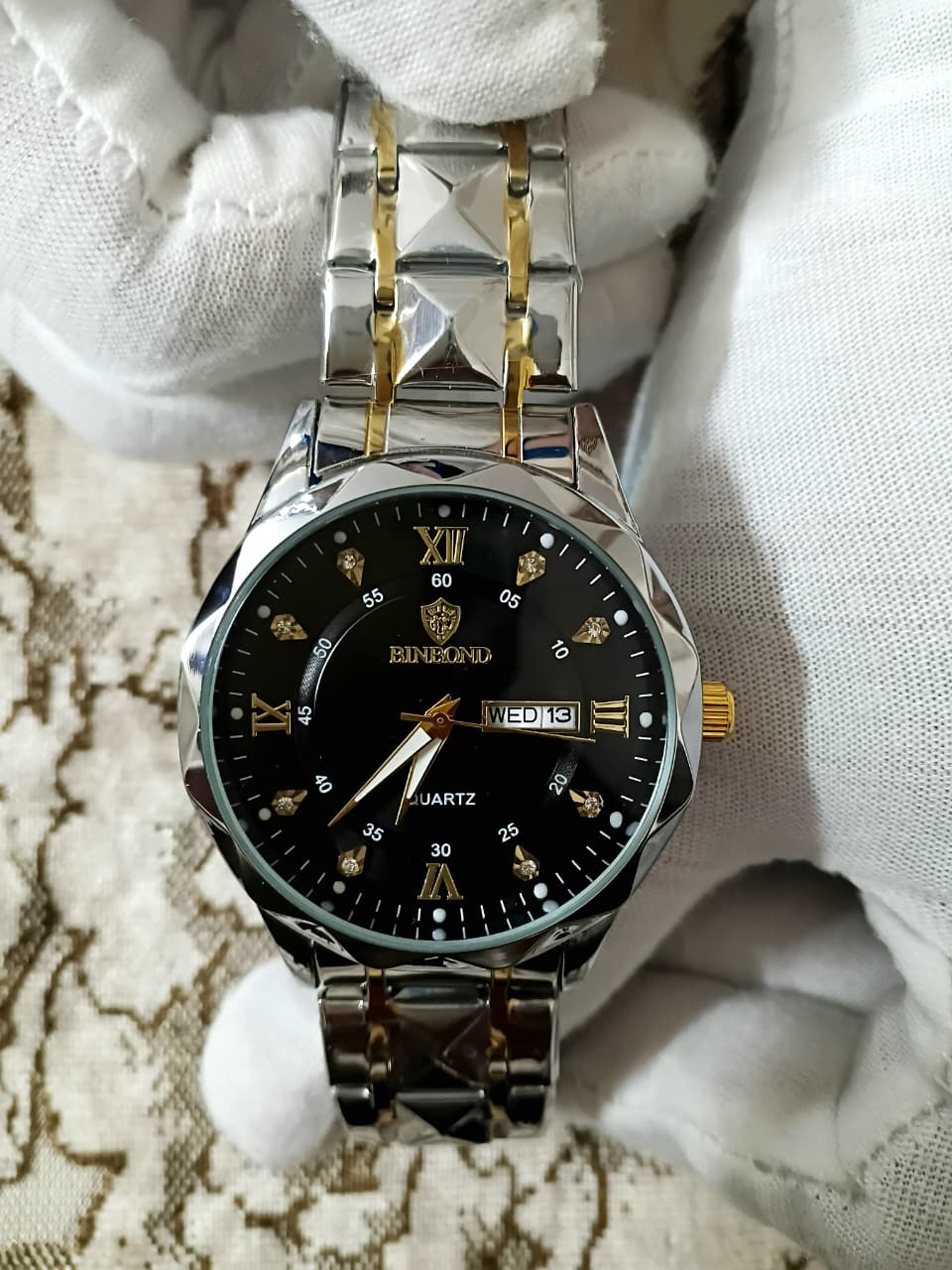 Binbond Luxury Two-Tone Black Dial Quartz Watch -7076