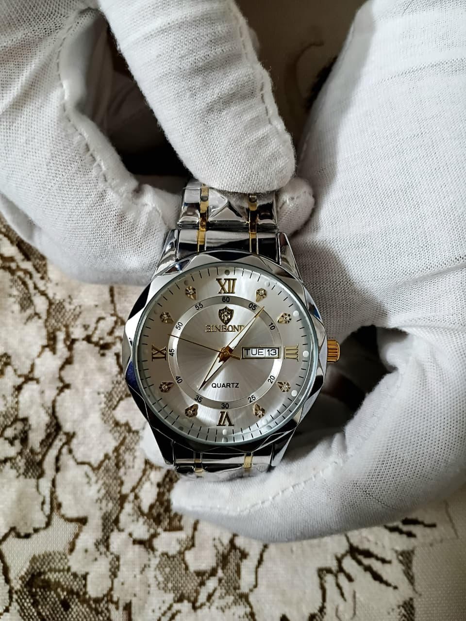 Binbond Luxury Two-Tone Silver Dial Quartz Watch -7077
