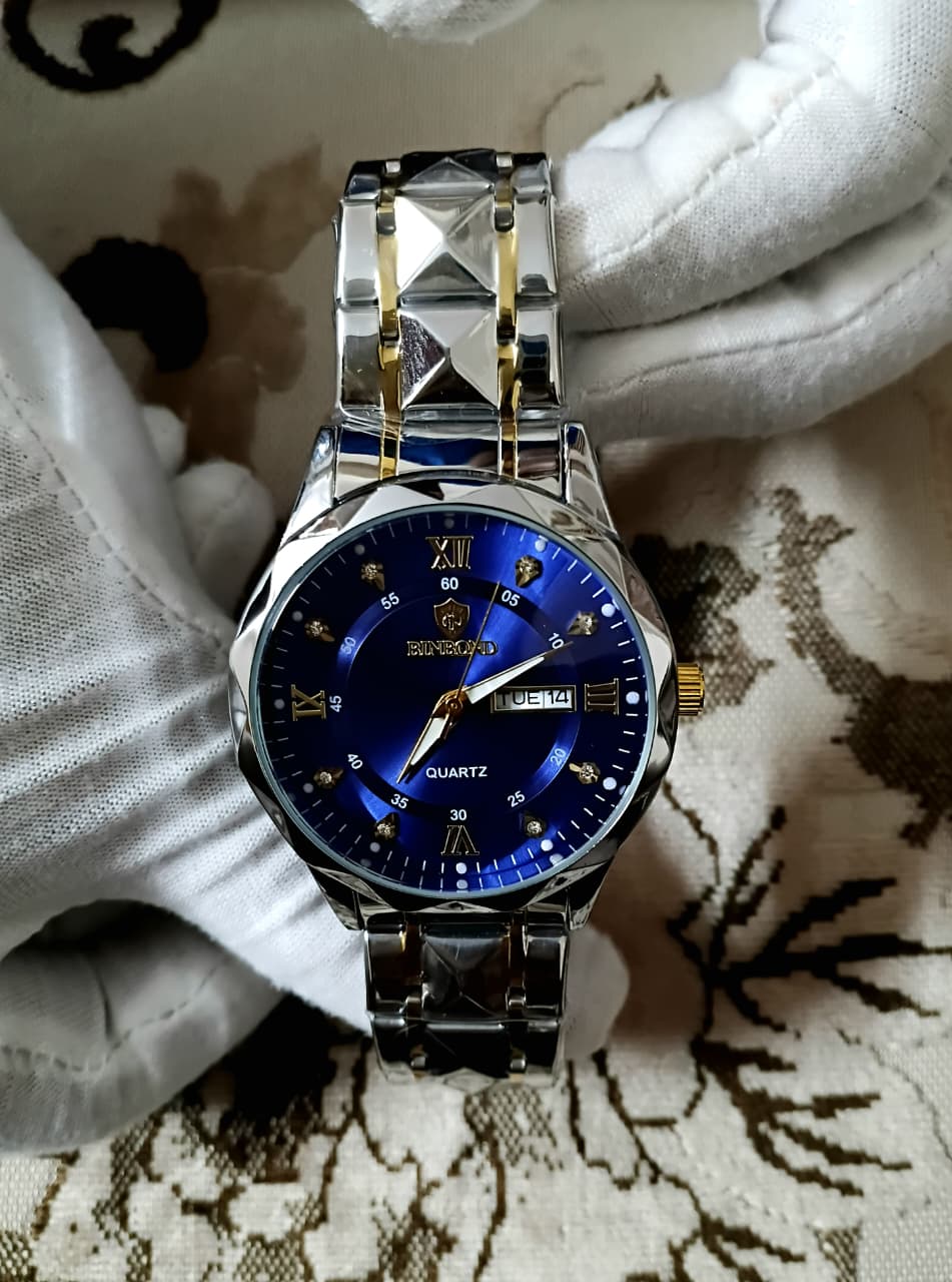 Binbond Luxury Two-Tone Blue Dial Quartz Watch -7078
